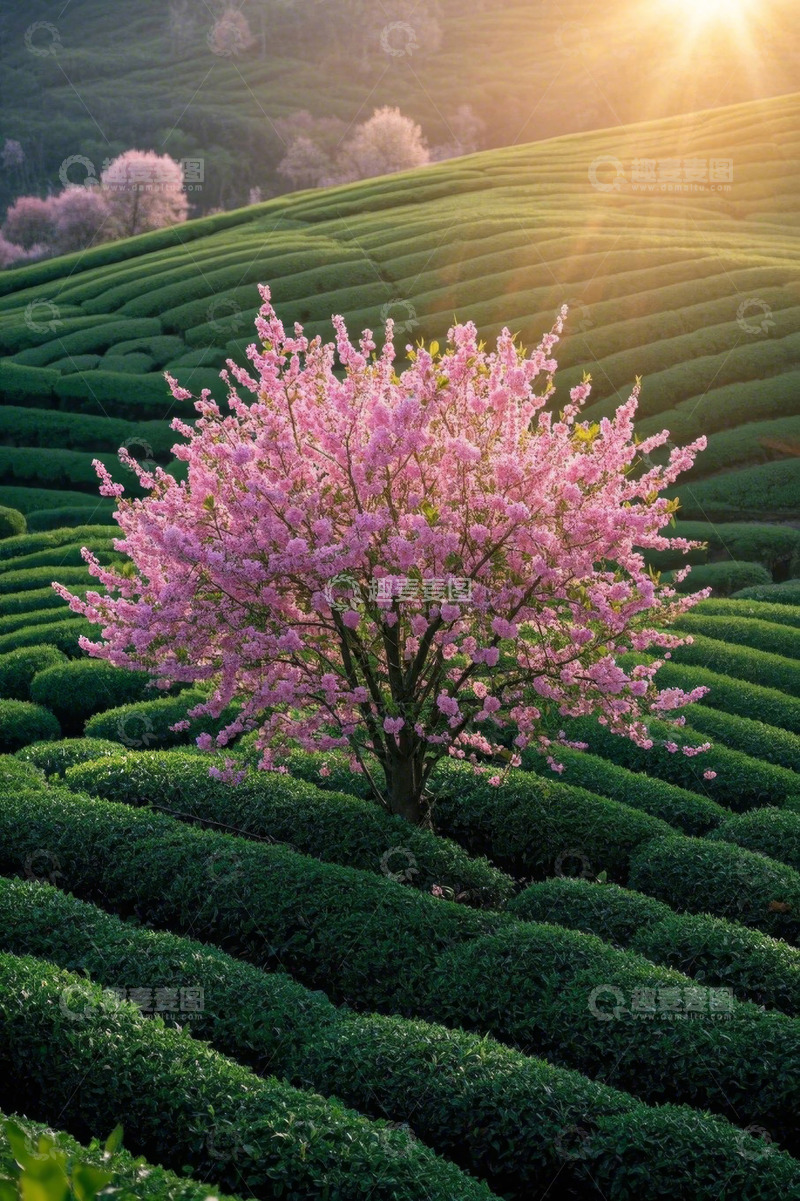高清大图下载【趣麦麦图】茶园中盛开的粉色樱花树