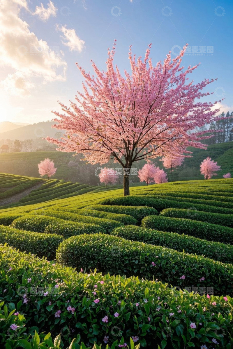 高清大图下载【趣麦麦图】茶园中的盛开樱花树