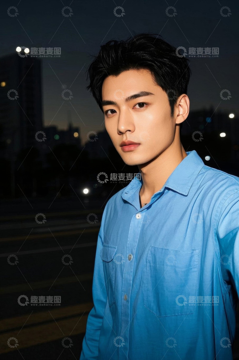 高清大图下载【趣麦麦图】夜晚城市背景下蓝色衬衫帅气男生