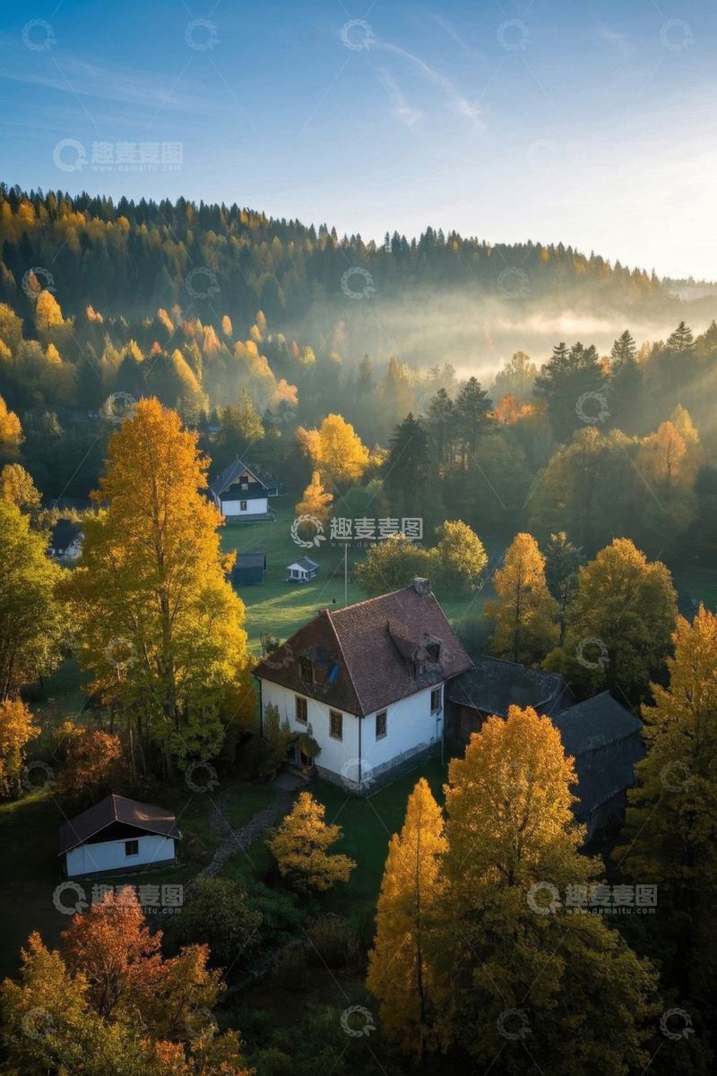 高清大图下载【趣麦麦图】秋日乡村房屋树林鸟瞰