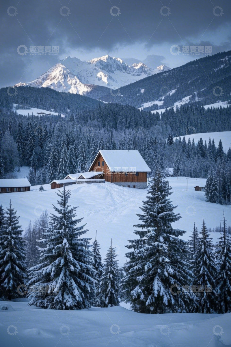 高清大图下载【趣麦麦图】雪山下的森林木屋雪景