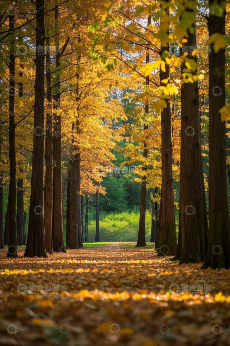 高清大图下载【趣麦麦图】秋日森林中金黄树木景观