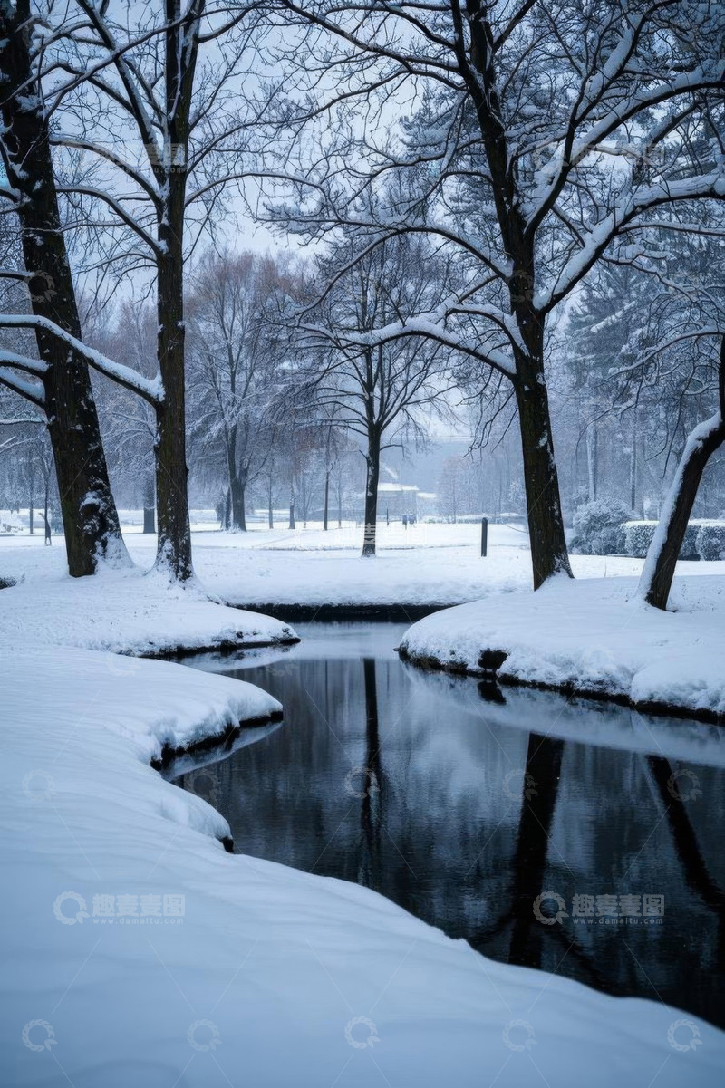 高清大图下载【趣麦麦图】冬日雪景中的林间小河