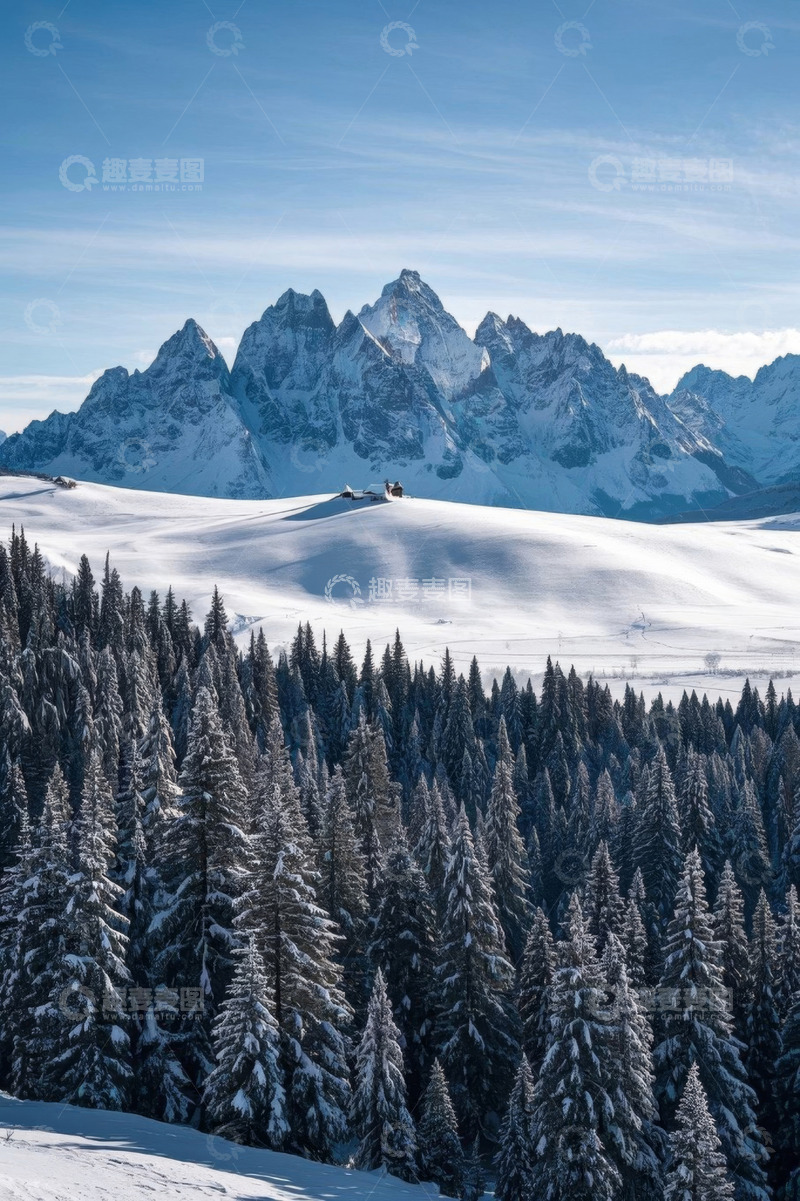 高清大图下载【趣麦麦图】雪山下的雪松林自然风光