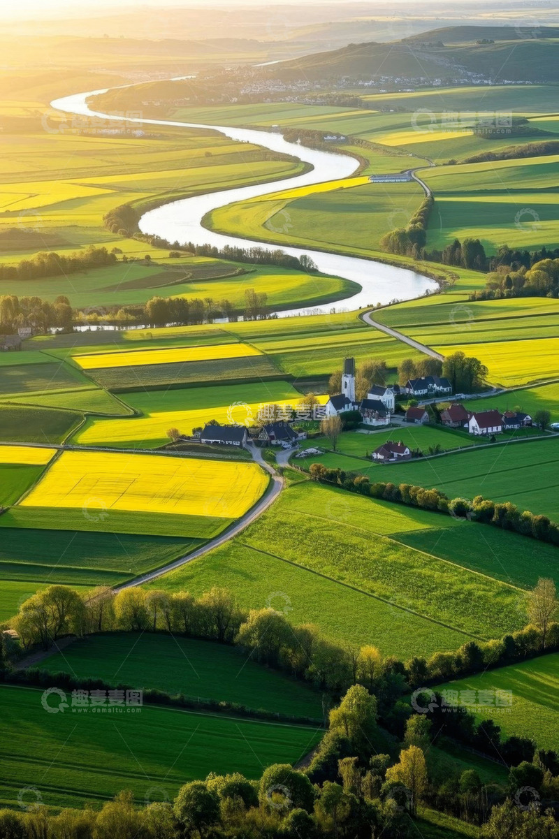 高清大图下载【趣麦麦图】航拍田野河流与村庄风光