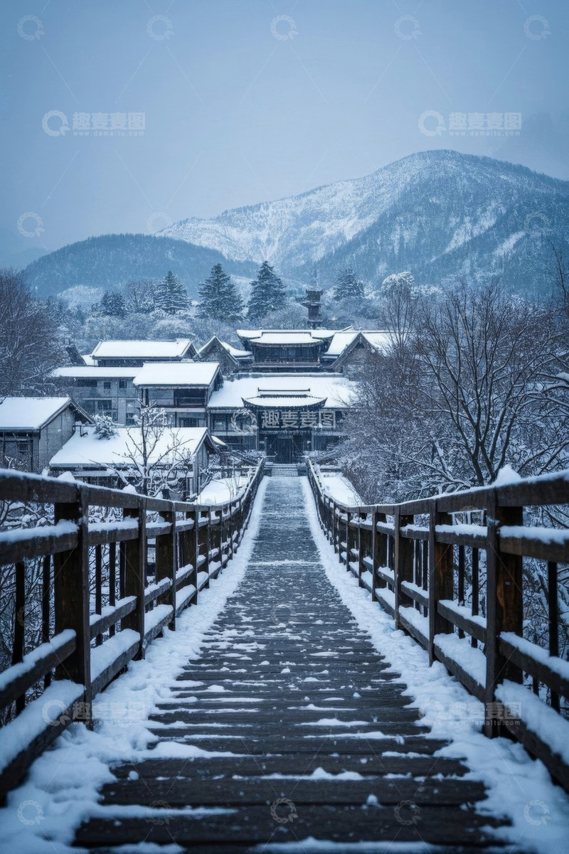 高清大图下载【趣麦麦图】雪中山村木桥风景