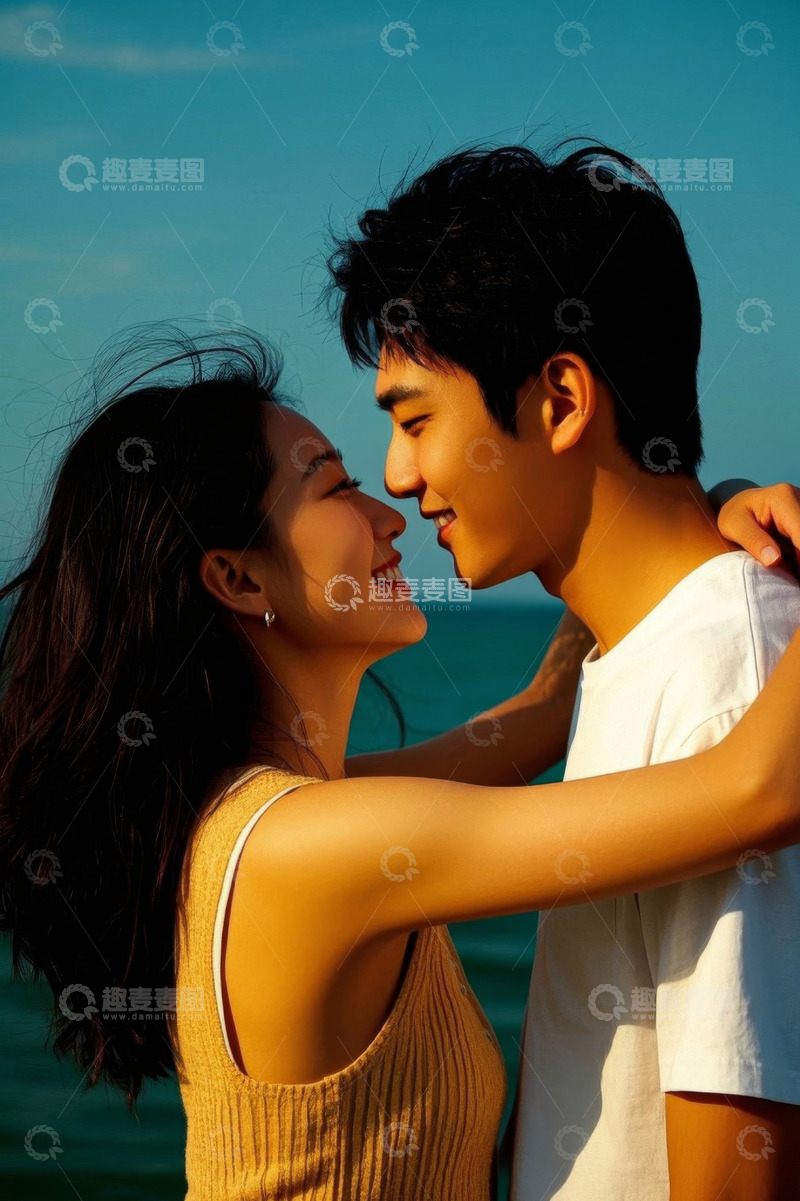 高清大图下载【趣麦麦图】海边甜蜜情侣浪漫拥抱