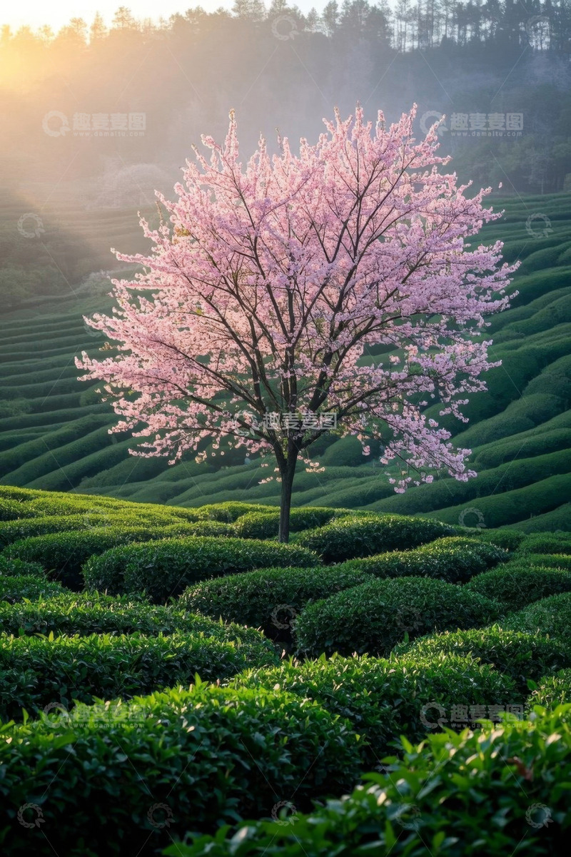 高清大图下载【趣麦麦图】茶园中盛开的樱花树
