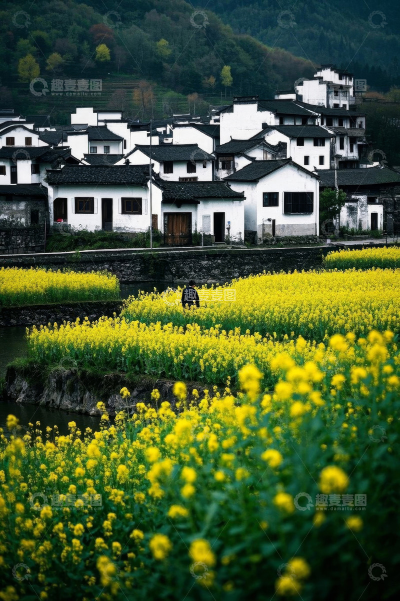 高清大图下载【趣麦麦图】乡村油菜花田旁的白墙黑瓦民居