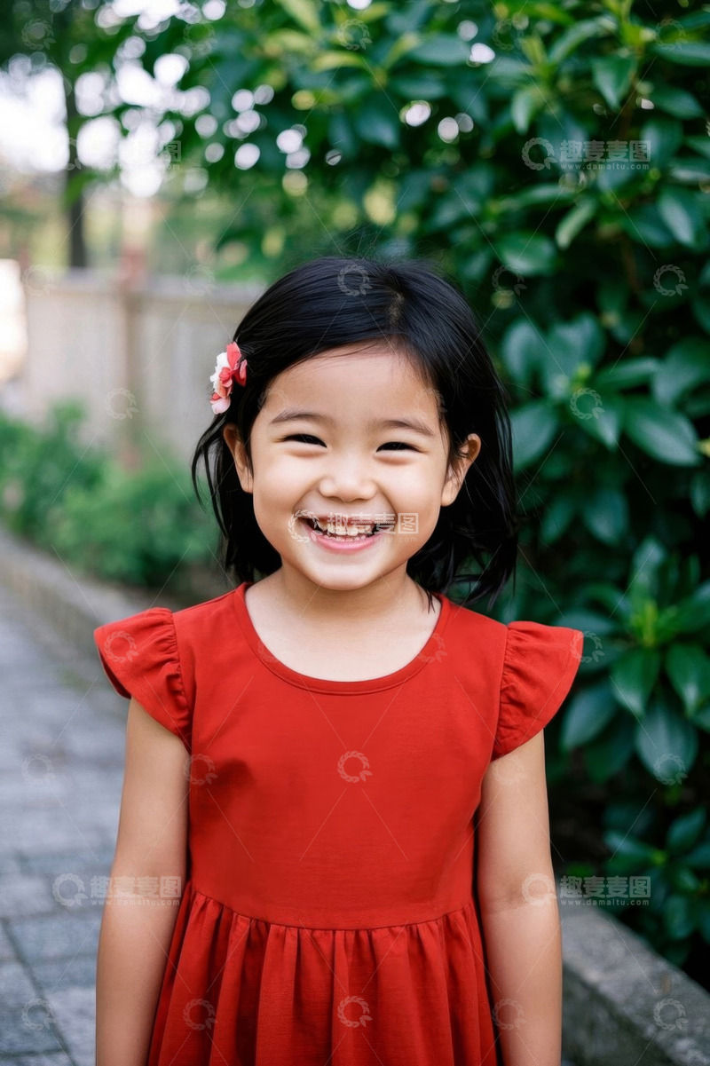 高清大图下载【趣麦麦图】可爱女孩穿着红裙灿烂笑容