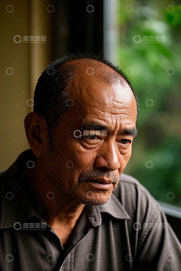 一位年迈男子凝望窗外沉思