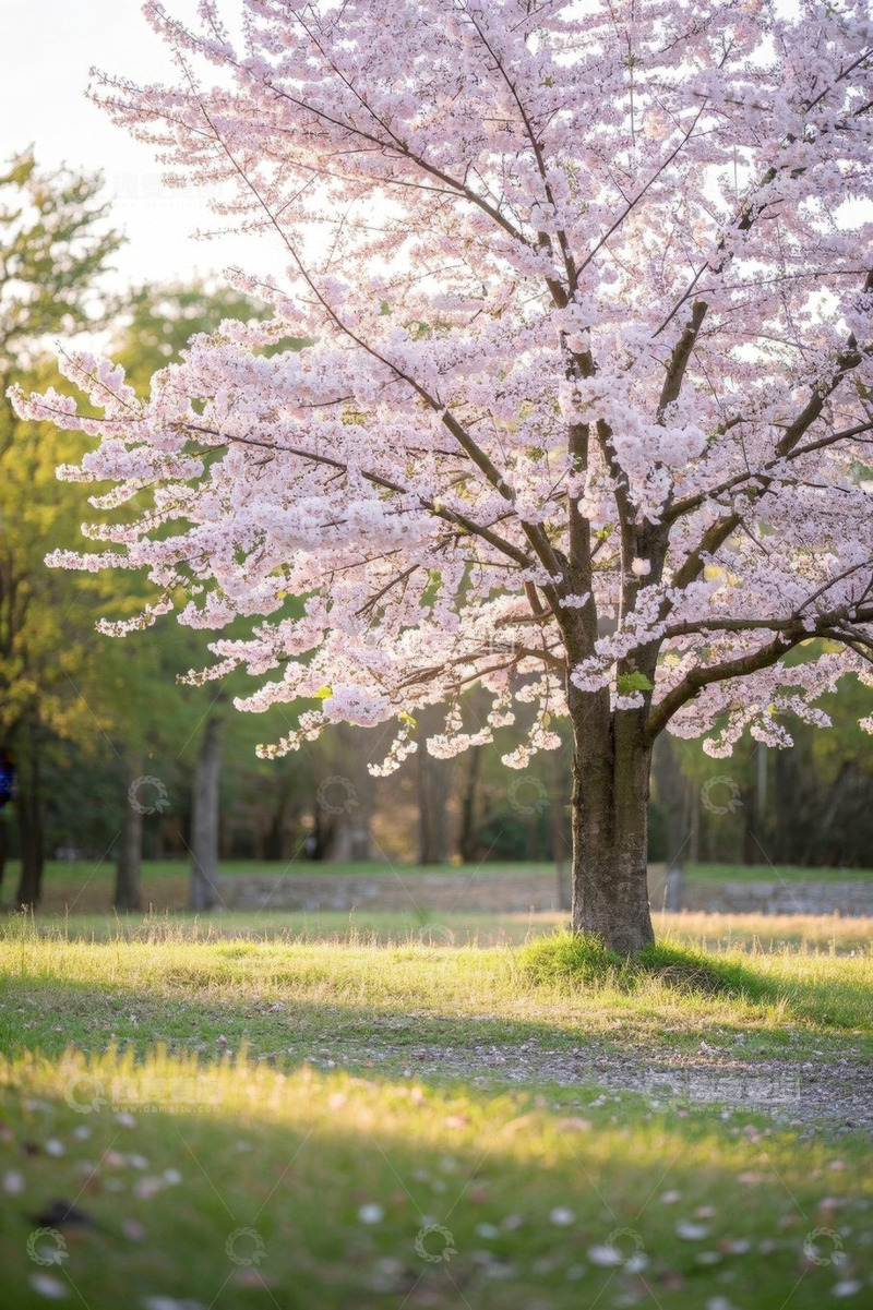 高清大图下载【趣麦麦图】阳光下盛开的粉色樱花树