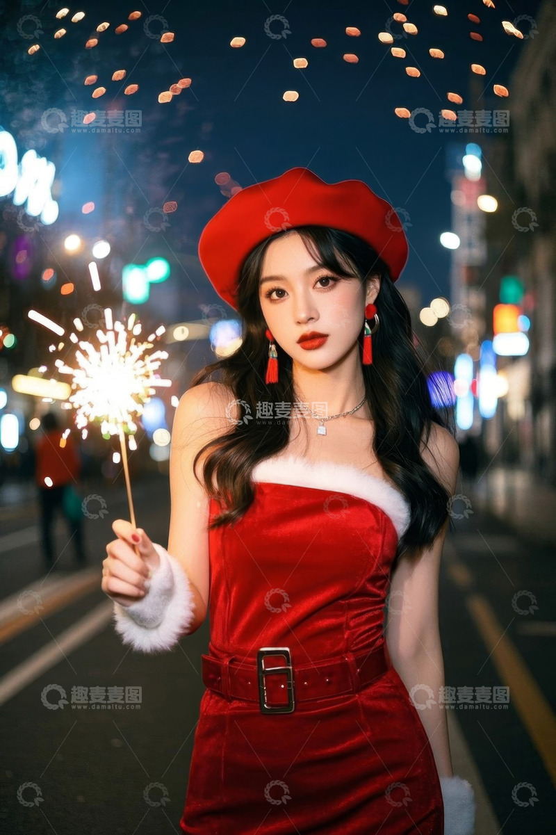 高清大图下载【趣麦麦图】圣诞夜美女手持烟花璀璨夺目