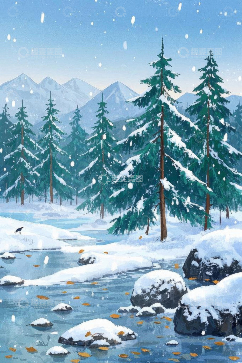 高清大图下载【趣麦麦图】冬日雪景森林河流插画