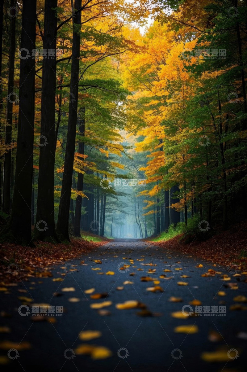 高清大图下载【趣麦麦图】秋日森林中的落叶小路