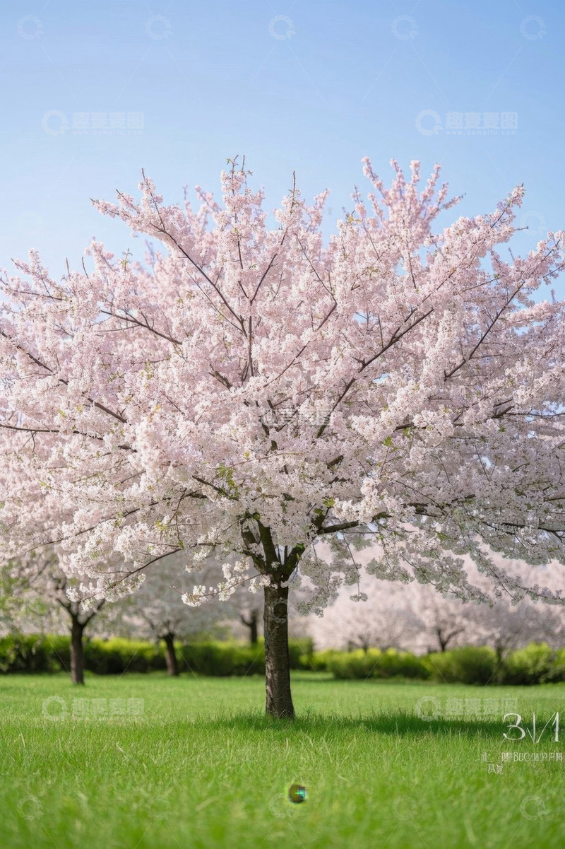 高清大图下载【趣麦麦图】草地上盛开的樱花树