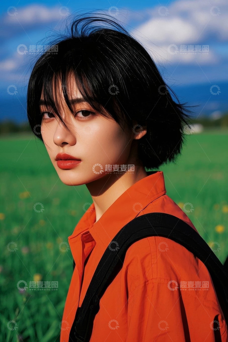 高清大图下载【趣麦麦图】阳光下女孩户外写真红衣短发