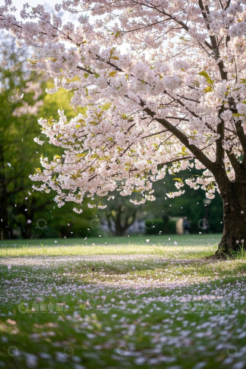 高清大图下载【趣麦麦图】盛开的樱花树与飘落花瓣