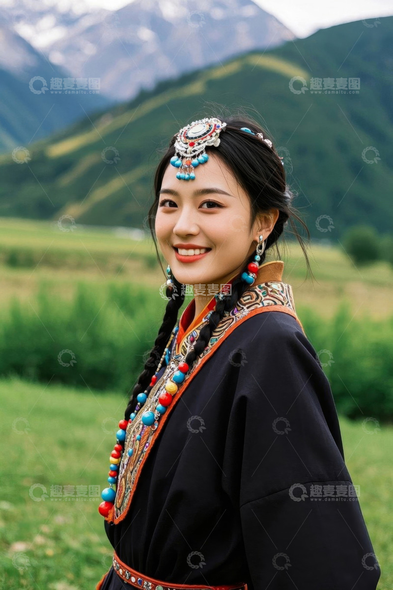 高清大图下载【趣麦麦图】身着民族服饰的年轻女子笑容甜美