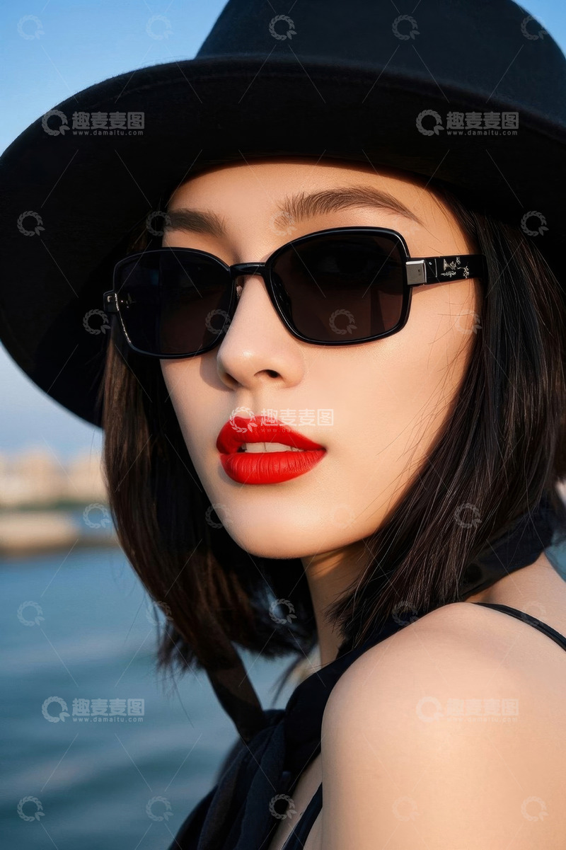 高清大图下载【趣麦麦图】时尚女性戴墨镜黑帽写真