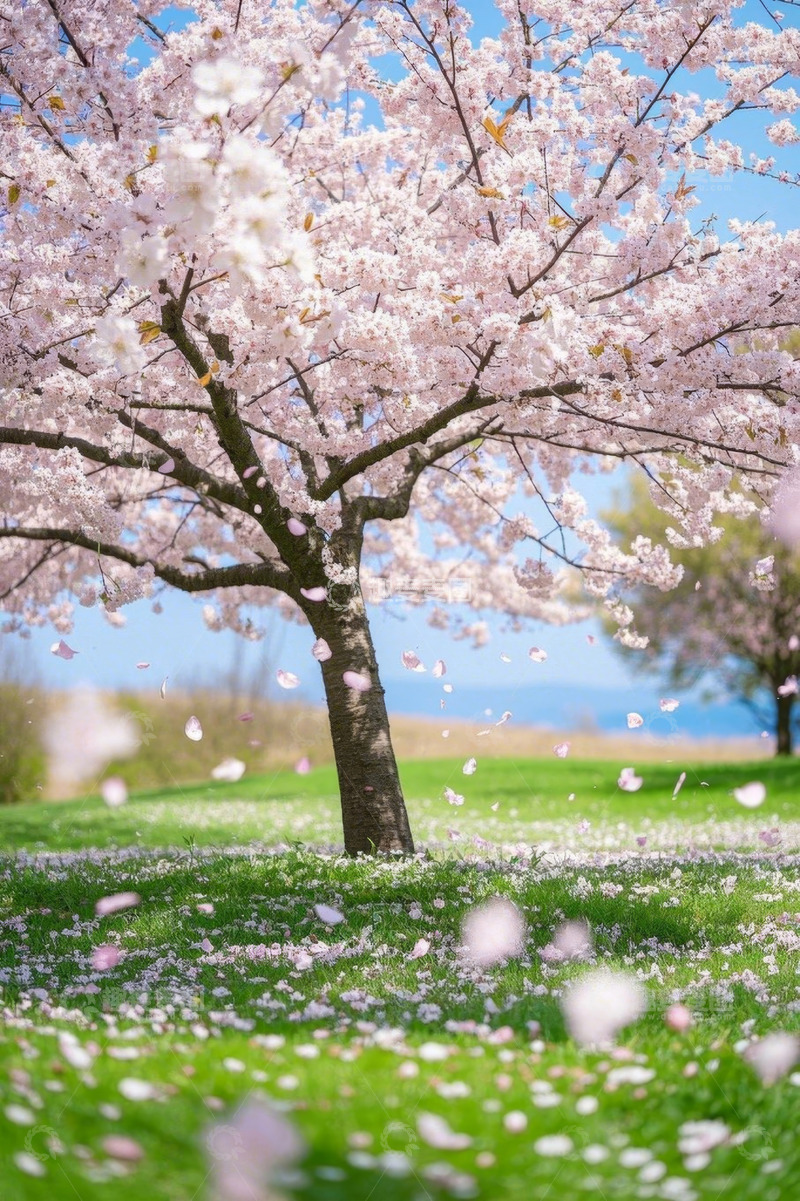 高清大图下载【趣麦麦图】盛开的樱花树与飘落的花瓣