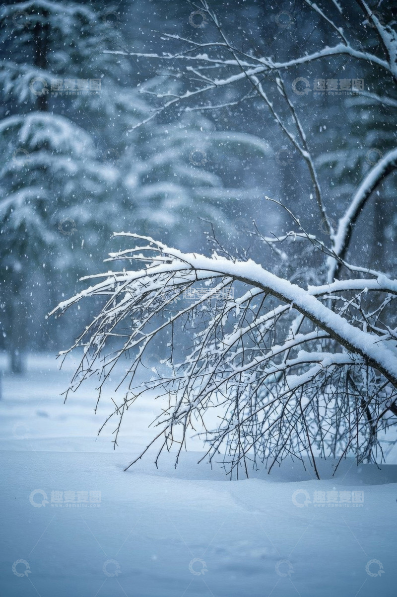 高清大图下载【趣麦麦图】雪中覆雪树枝与森林景观