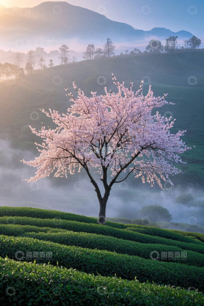 高清大图下载【趣麦麦图】茶园中盛开的樱花树风景