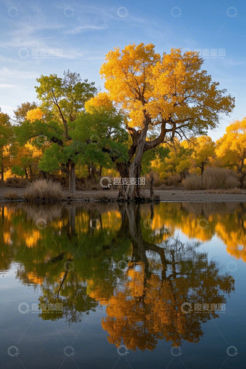 高清大图下载【趣麦麦图】水边胡杨林秋日风光