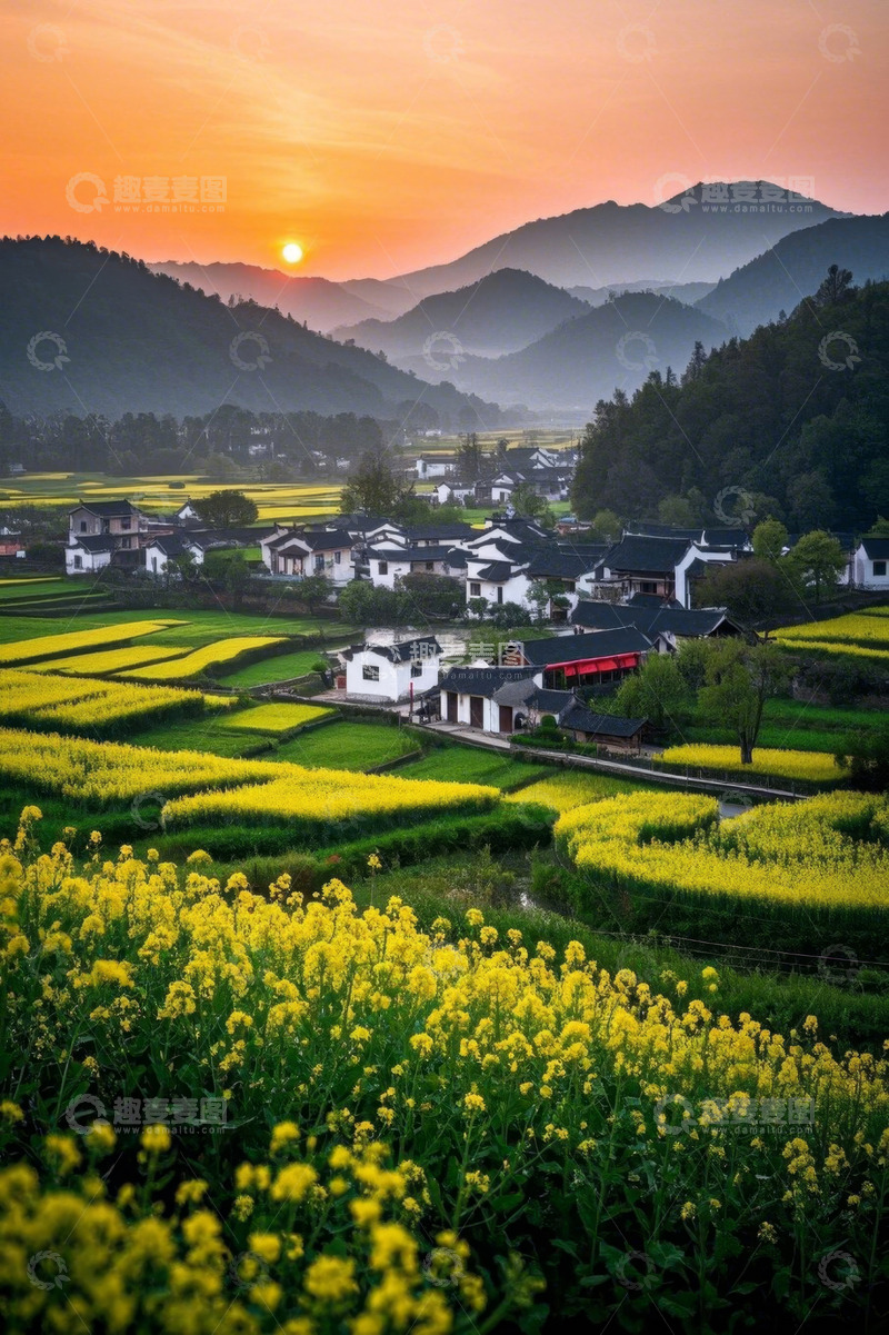 高清大图下载【趣麦麦图】婺源乡村油菜花田日落景观