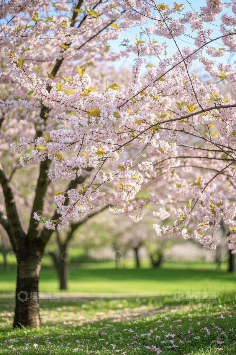 高清大图下载【趣麦麦图】盛开的樱花树与绿地风景