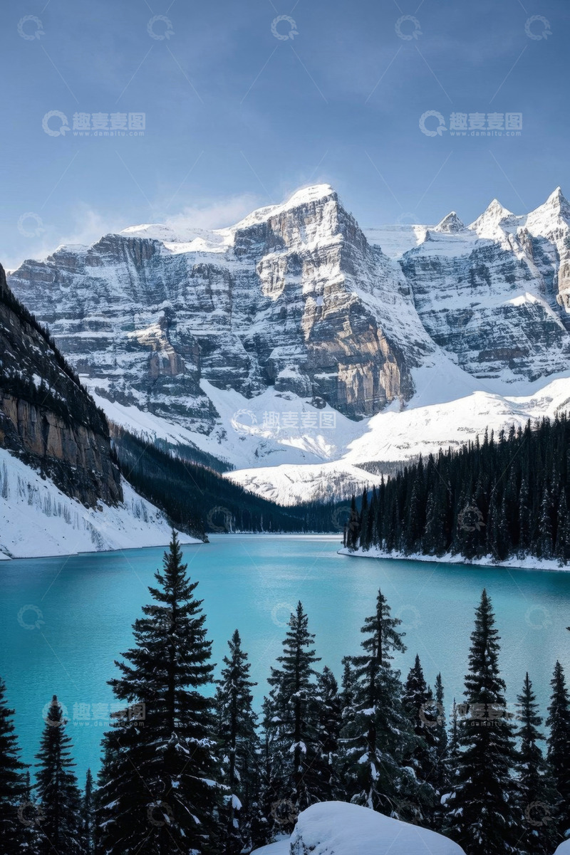 高清大图下载【趣麦麦图】雪山下的蓝湖与森林风景