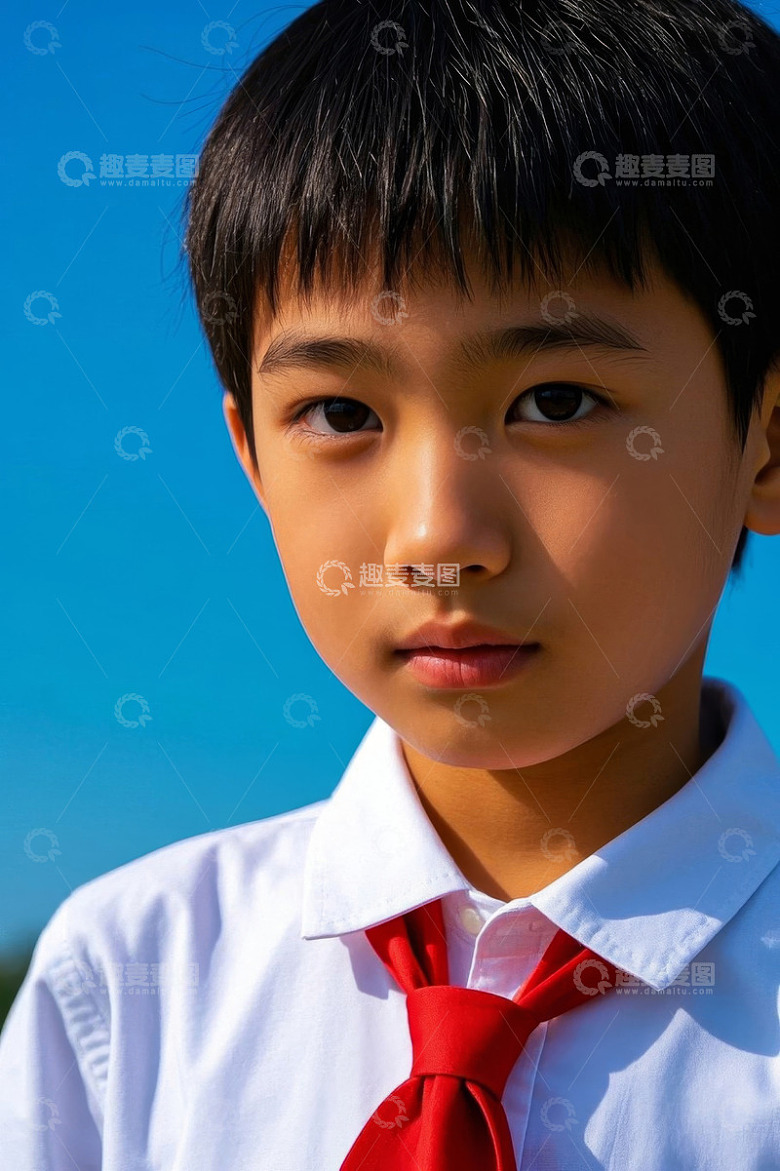 阳光下严肃的小男孩穿着白衬衫红领巾