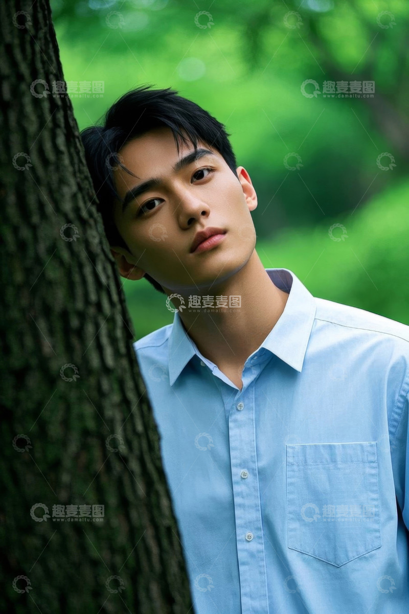 高清大图下载【趣麦麦图】阳光下青春少年靠树微笑