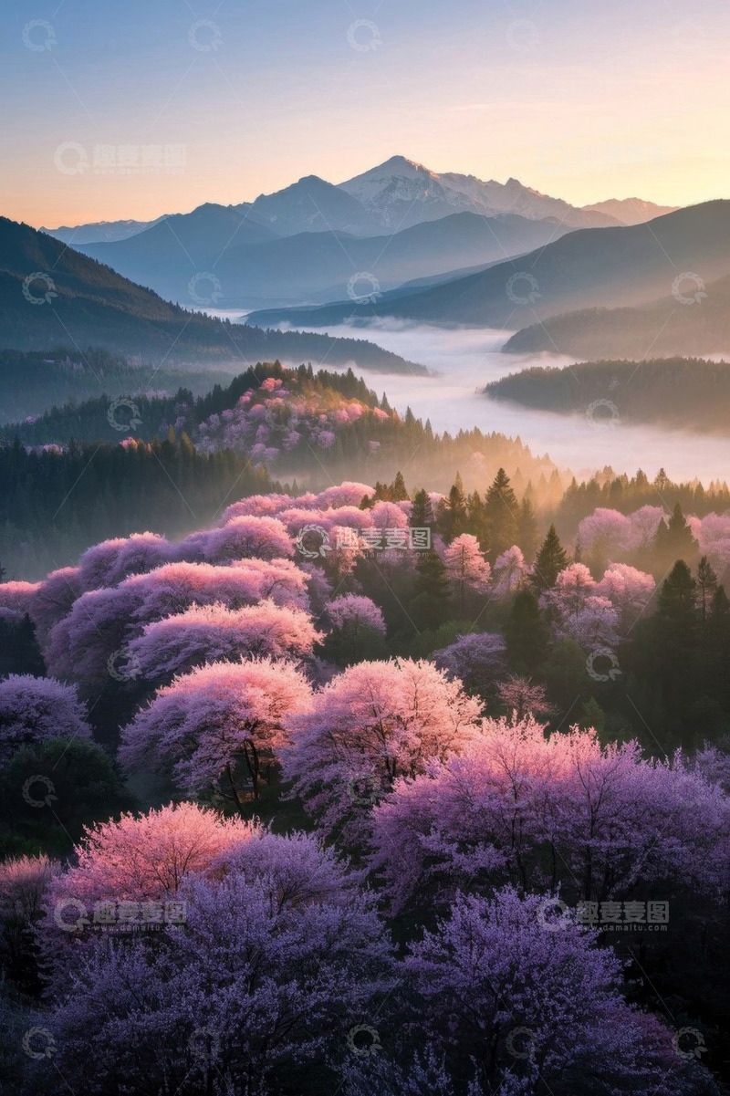 高清大图下载【趣麦麦图】山间樱花林与远山晨景