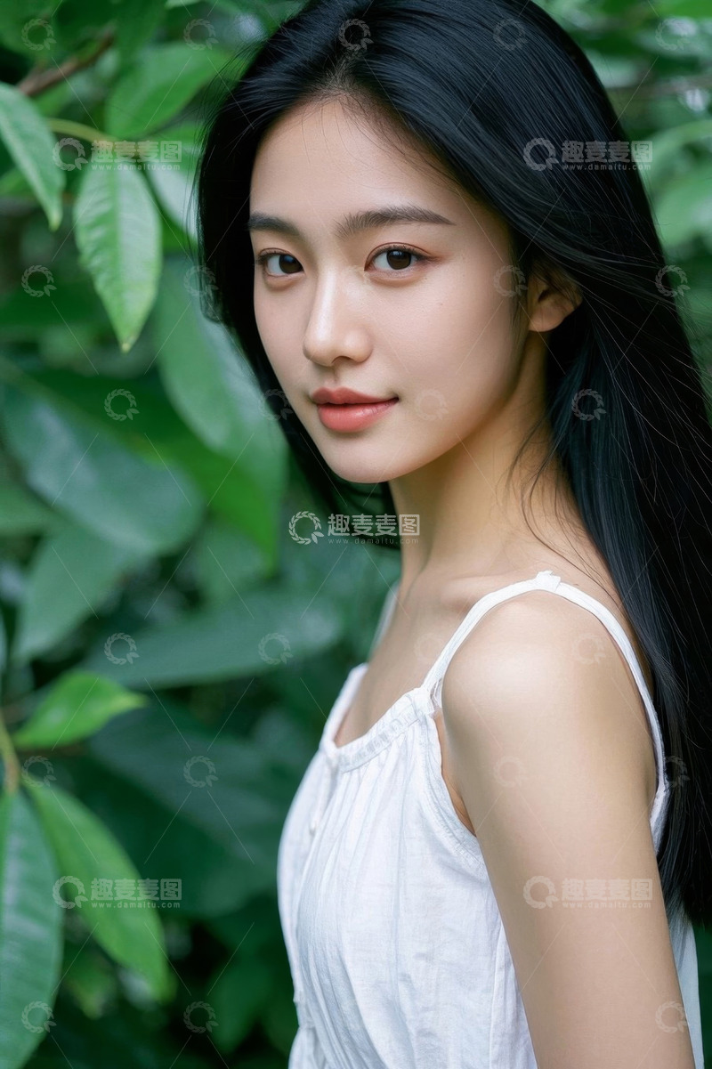 高清大图下载【趣麦麦图】绿叶丛中美丽少女侧颜照