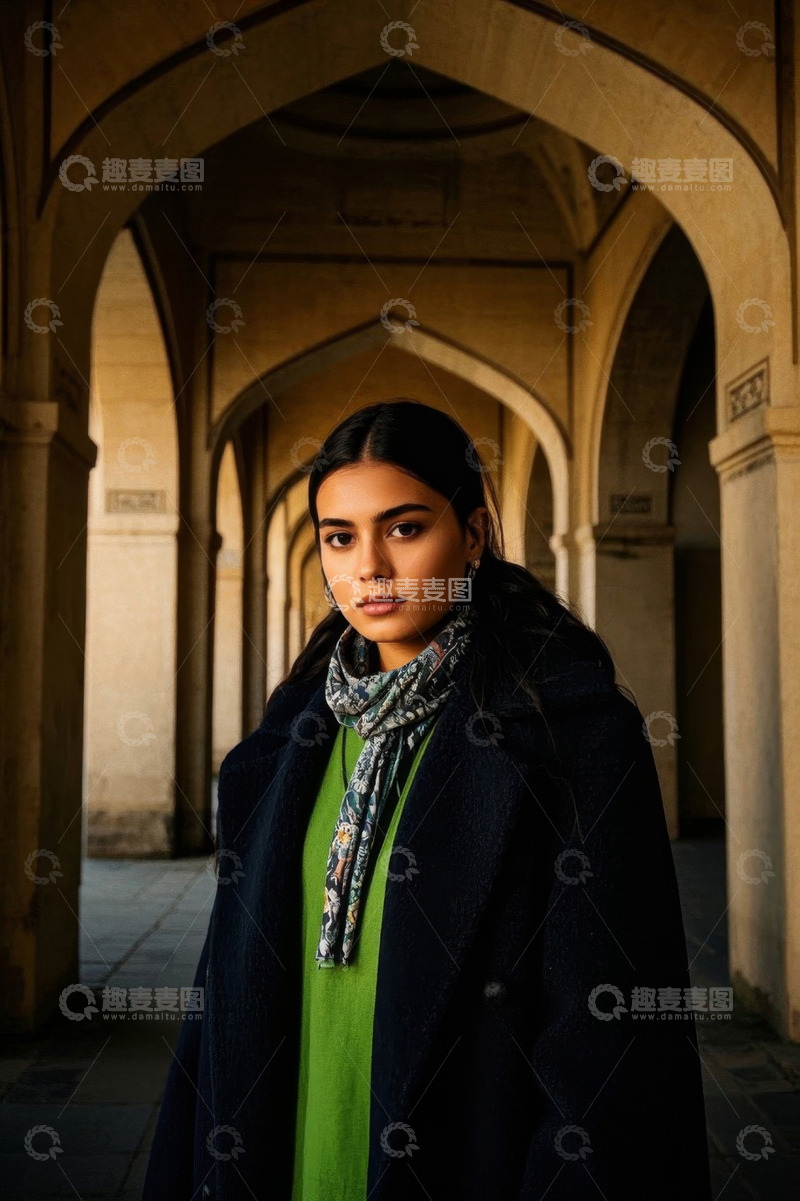 高清大图下载【趣麦麦图】拱廊长廊中一位年轻女子