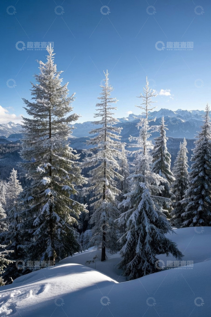 高清大图下载【趣麦麦图】雪覆山林远景自然风光