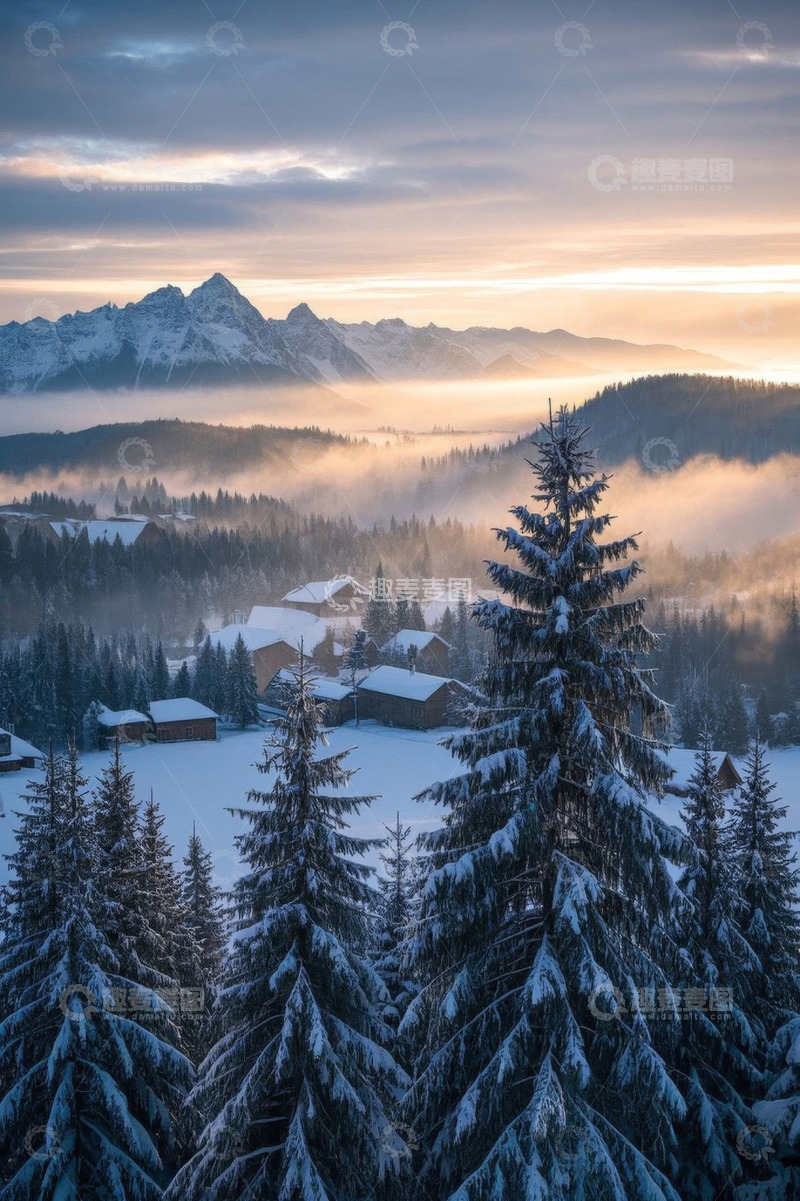 高清大图下载【趣麦麦图】雪山下被雪覆盖的森林与村庄