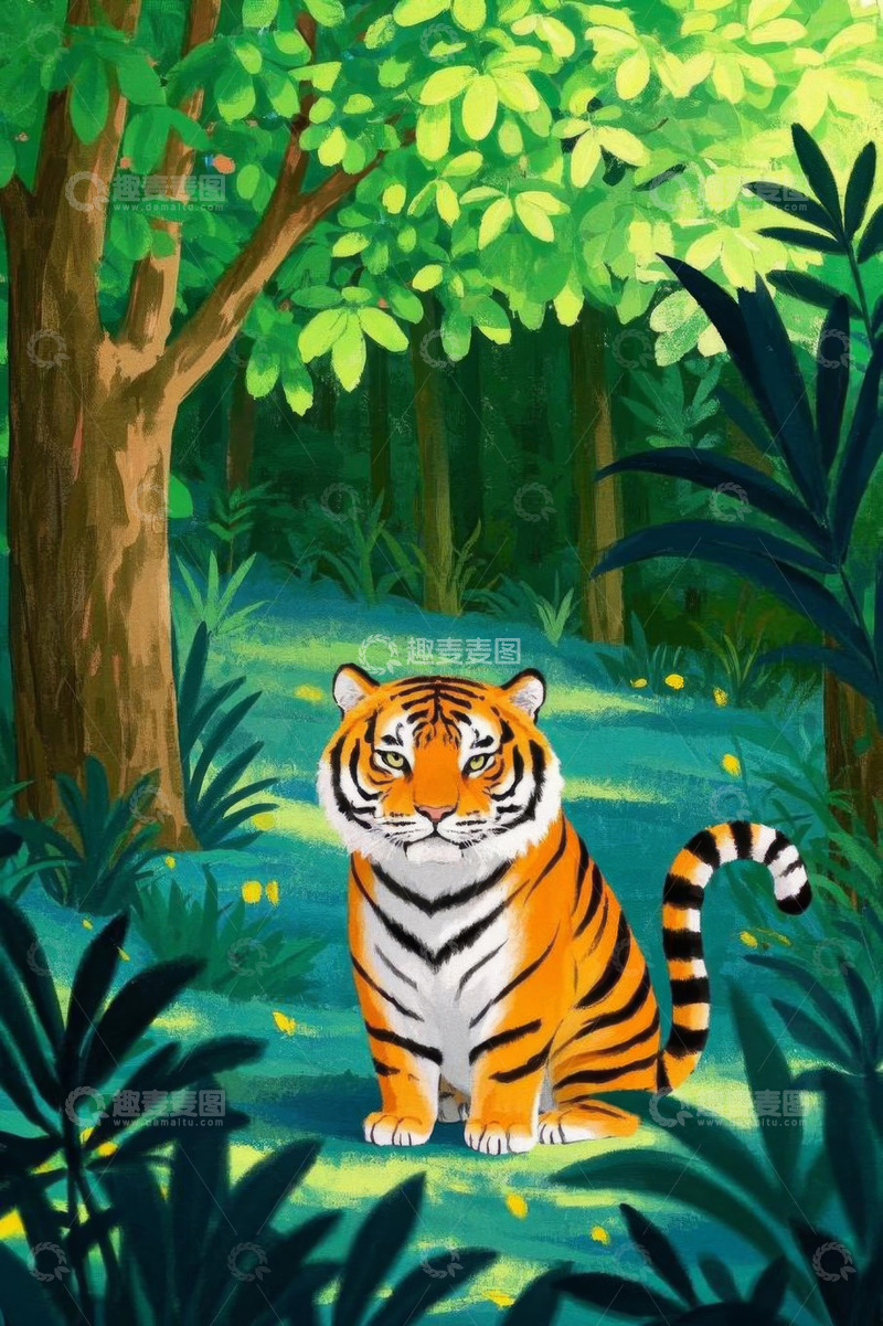 高清大图下载【趣麦麦图】森林中蹲坐的老虎插画