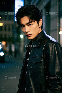 夜晚街景帅气年轻男子