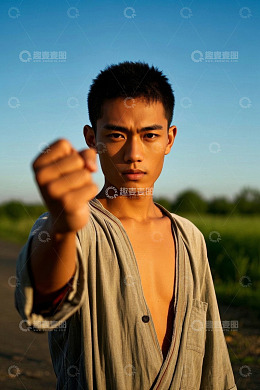 青年男子户外阳光下挥拳