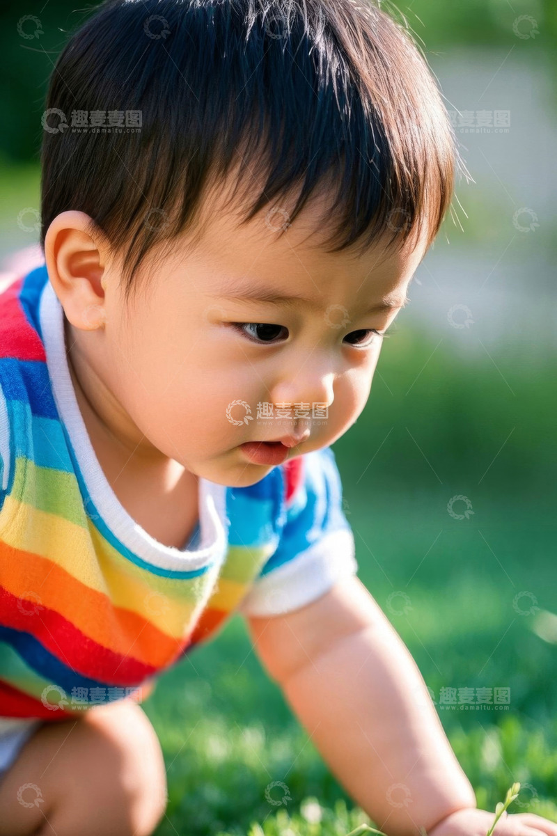 高清大图下载【趣麦麦图】可爱宝宝在草地上爬行玩耍