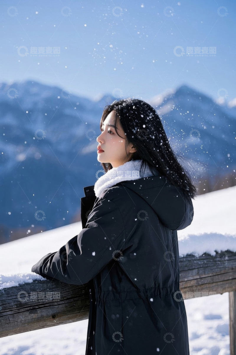 高清大图下载【趣麦麦图】雪景中凝望远方的年轻女子