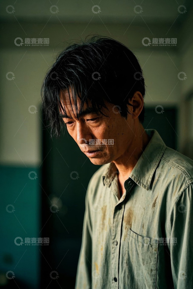 高清大图下载【趣麦麦图】忧郁中年男子肖像，衣衫褴褛
