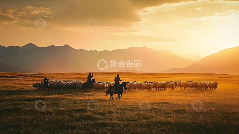 高清大图下载【趣麦麦图】草原牧羊晚霞图