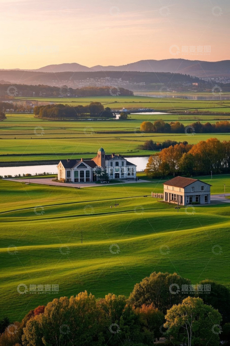 高清大图下载【趣麦麦图】田园风光中的房屋与绿地