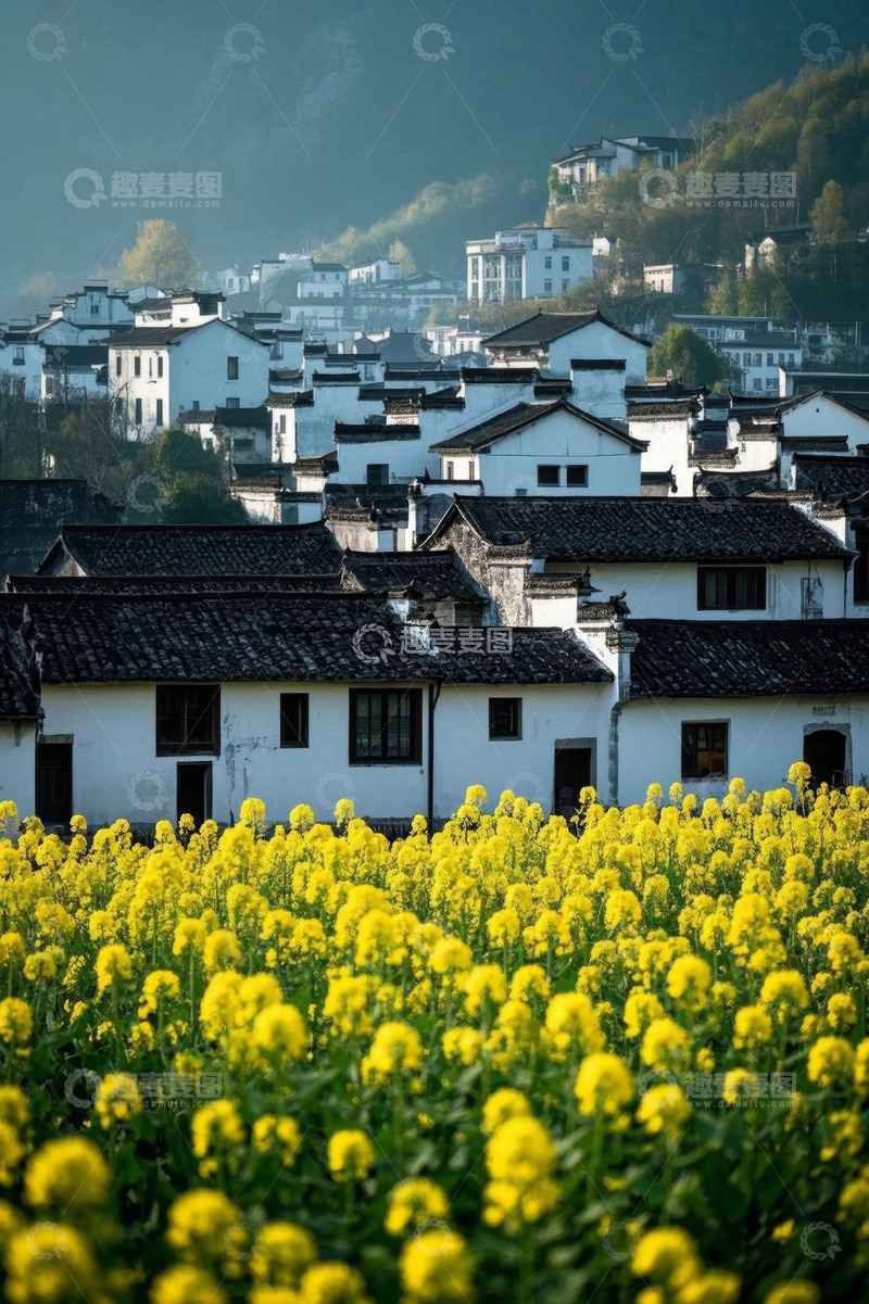 高清大图下载【趣麦麦图】-婺源油菜花田旁的徽派民居