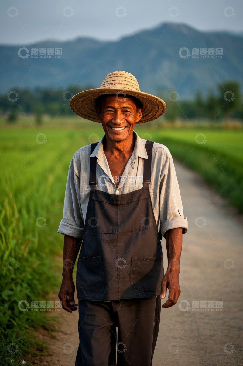 高清大图下载【趣麦麦图】微笑的农民走在田埂上