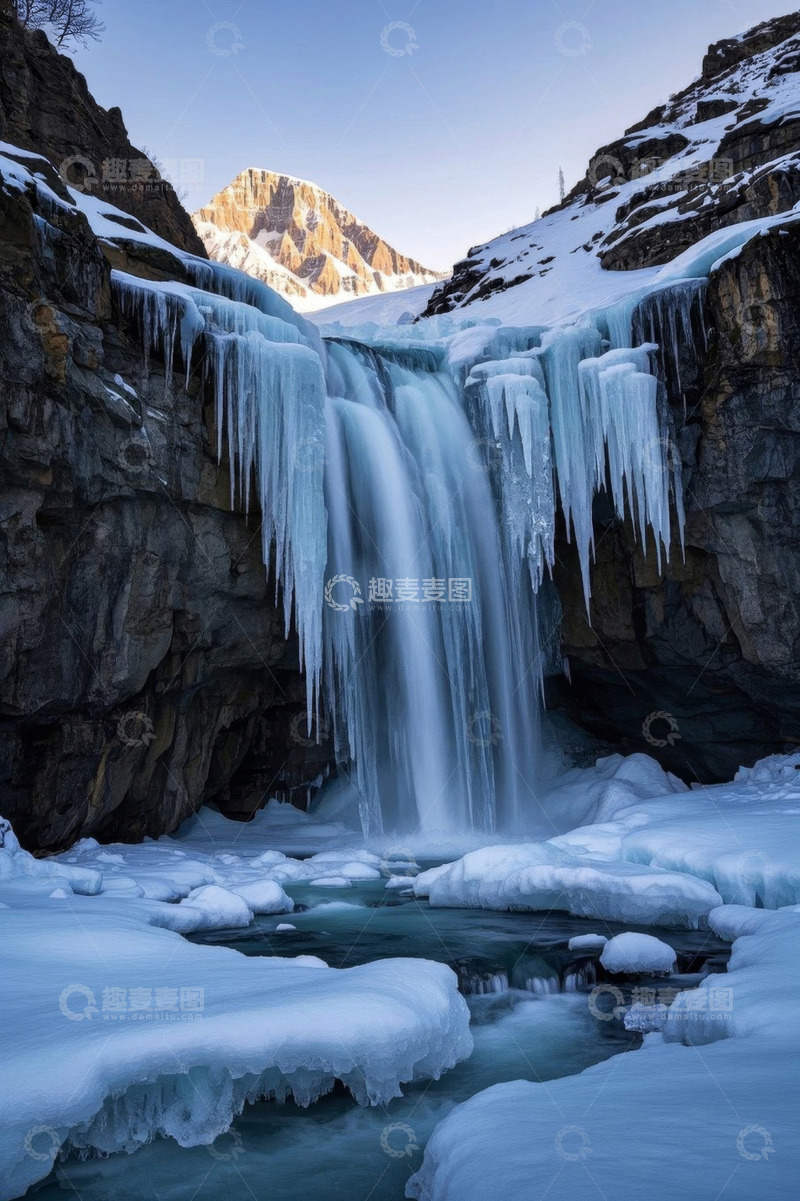 高清大图下载【趣麦麦图】山间冰雪覆盖的瀑布景观