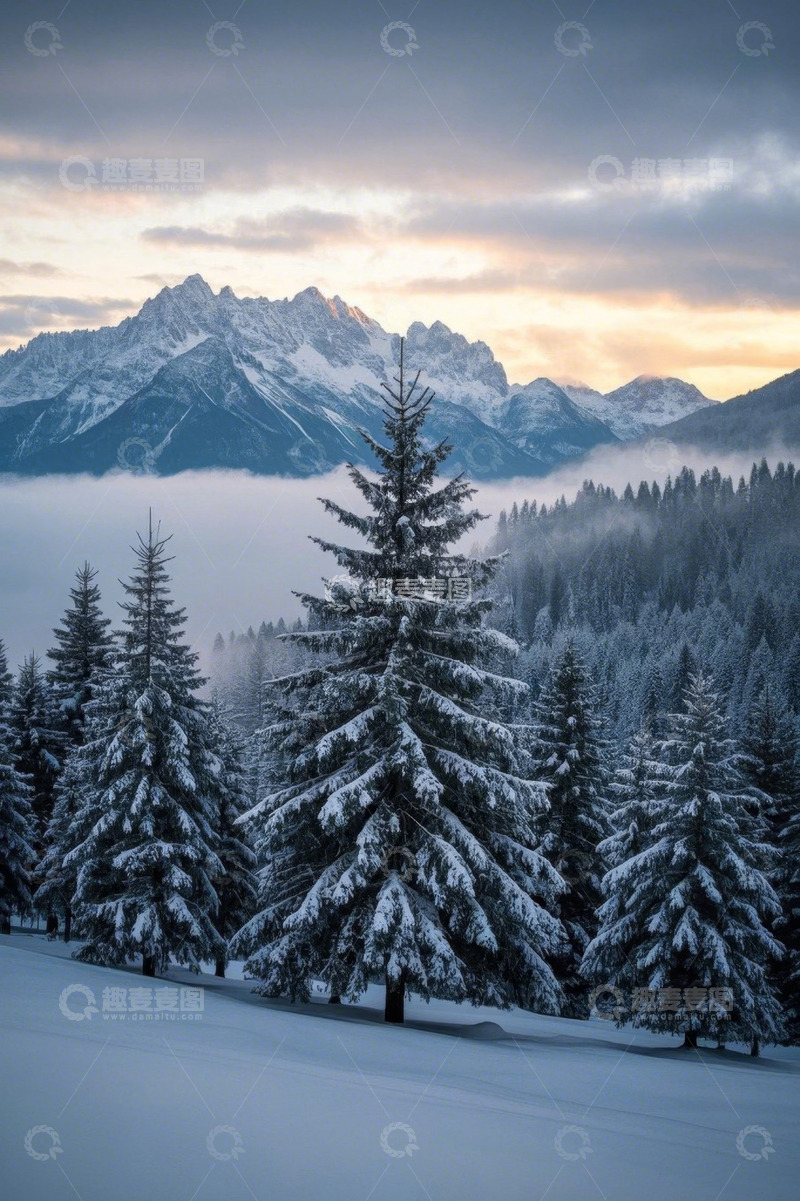 高清大图下载【趣麦麦图】雪覆山林与远山风景